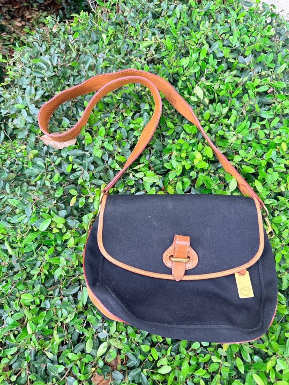 Black Canvas Crossbody Bag with Tan leather Trim